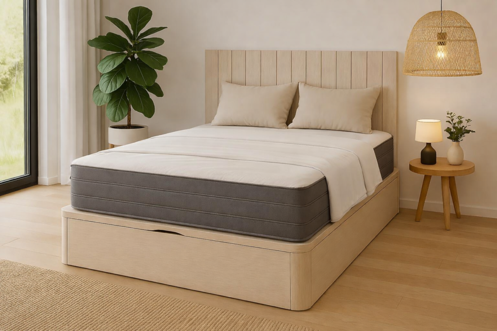 Cama de matrimonio con colchón gris sobre canapé de madera clara, con sábana bajera interior y sábana superior doblada a los pies de la cama, en dormitorio moderno minimalista con cabecero de madera, planta decorativa y luz natural