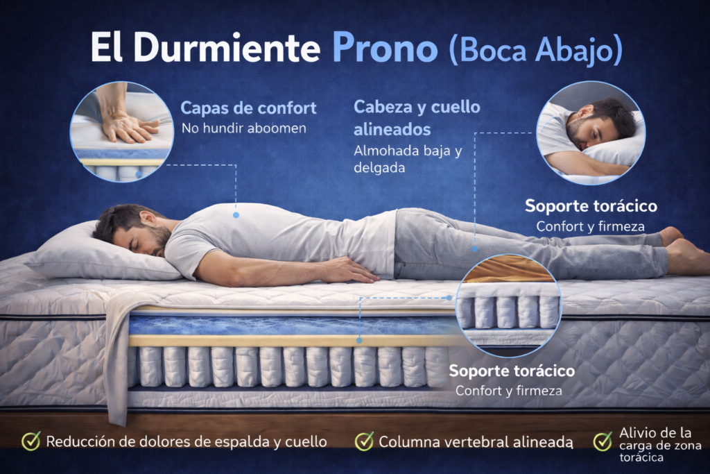 Infografía del durmiente prono boca abajo en colchón de muelles ensacados, mostrando soporte torácico, capas de confort, correcta alineación de cabeza y cuello y alivio de presión en la zona dorsal