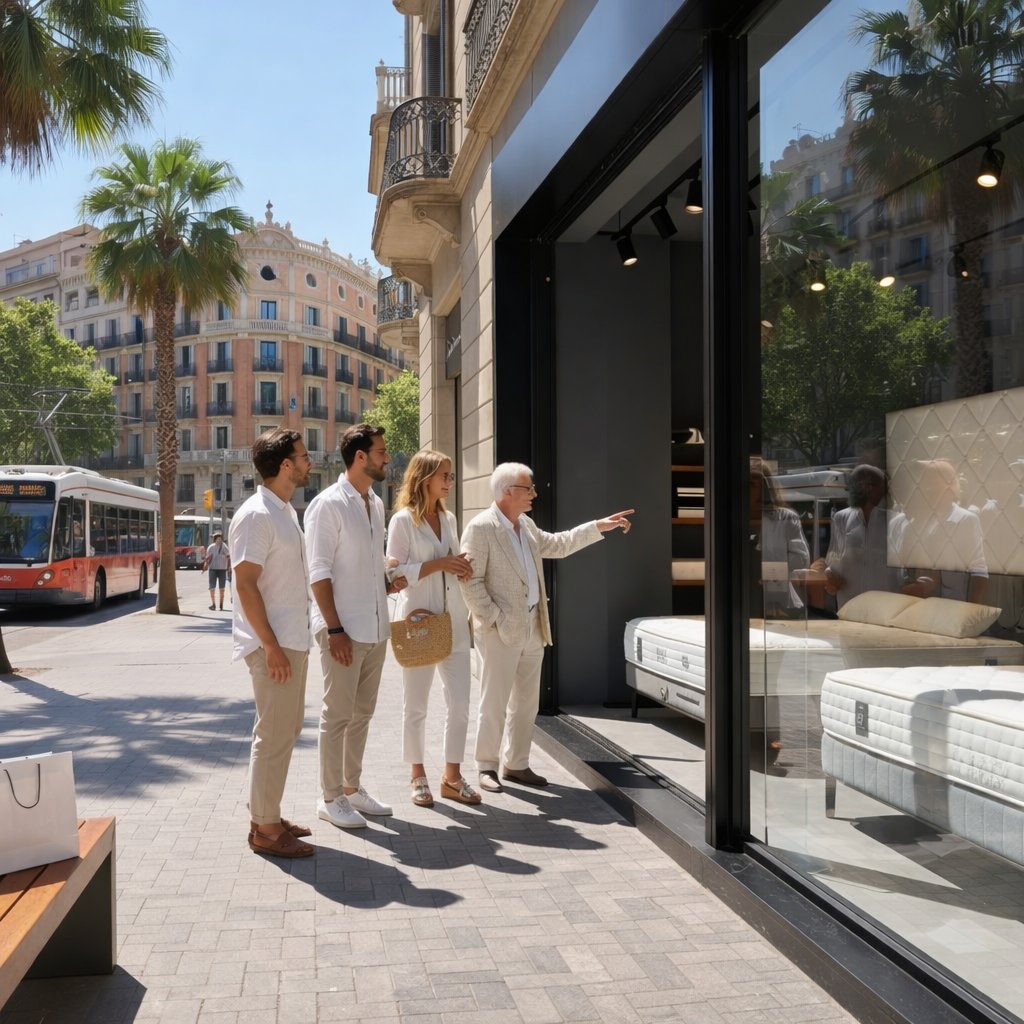 Grupo de personas observando un escaparate de una tienda de colchones premium en una avenida soleada de Barcelona, con modelos de muelles ensacados expuestos y arquitectura urbana de fondo.